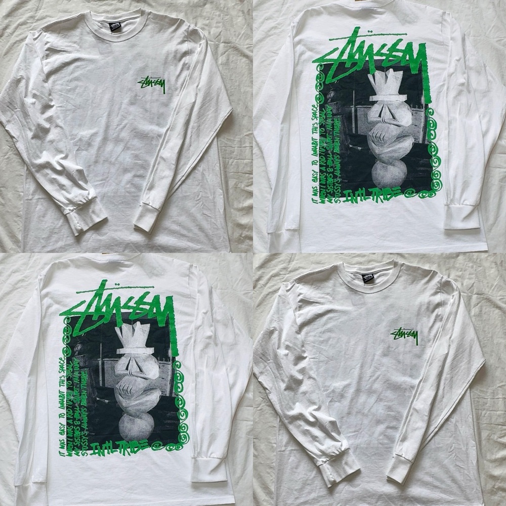 Stussy White Tribal Long Sleeve Shirt with Green Graphic